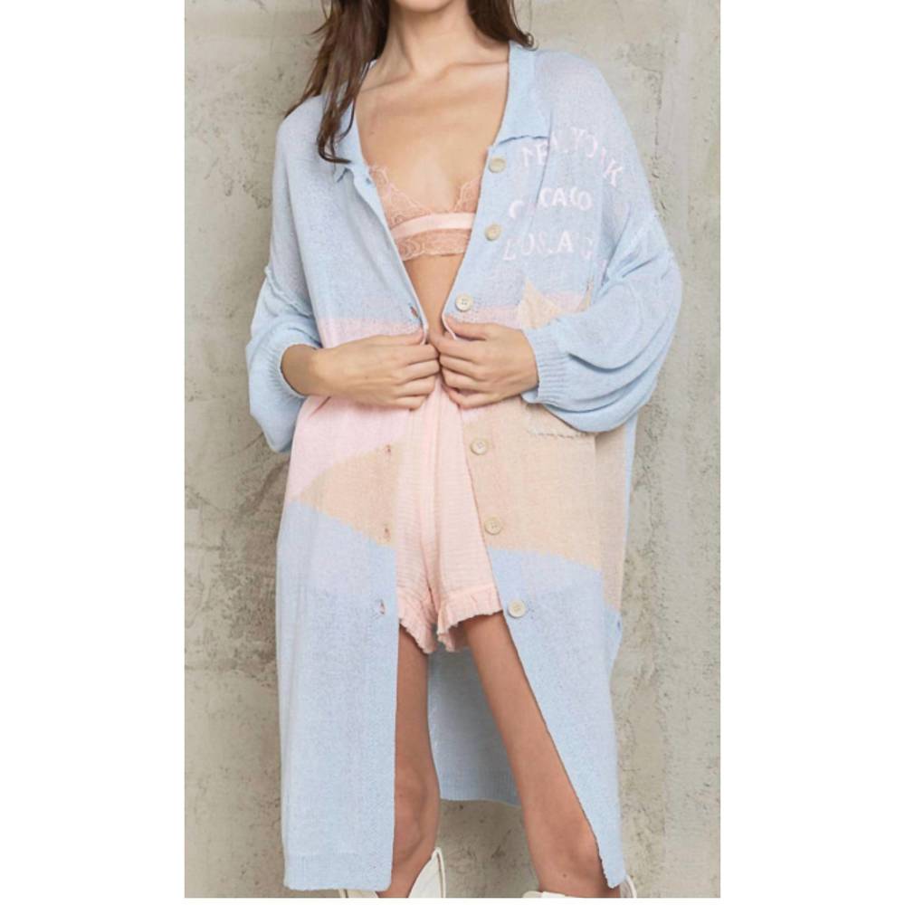 POL Pastel Blue and Light Pink Long Button Cardigan with graphic